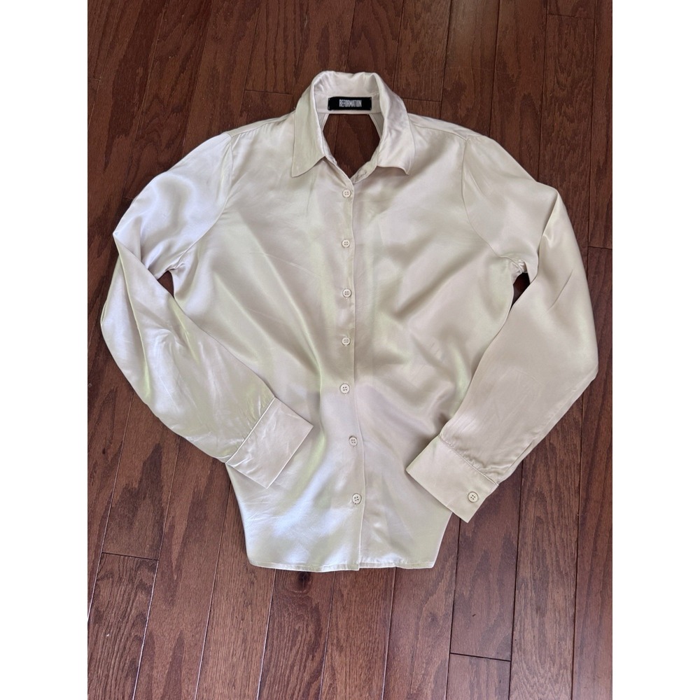 Reformation Silk Blouse Womens M Champagne Button Up Open Back Top
